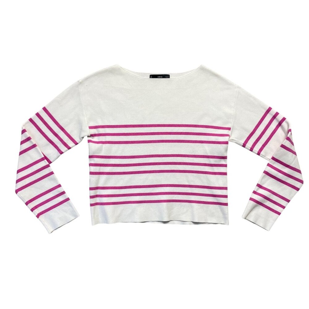 MNG Mango Sweater Womens S Striped Pink & White Long Sleeve Cropped Casual Chic‎